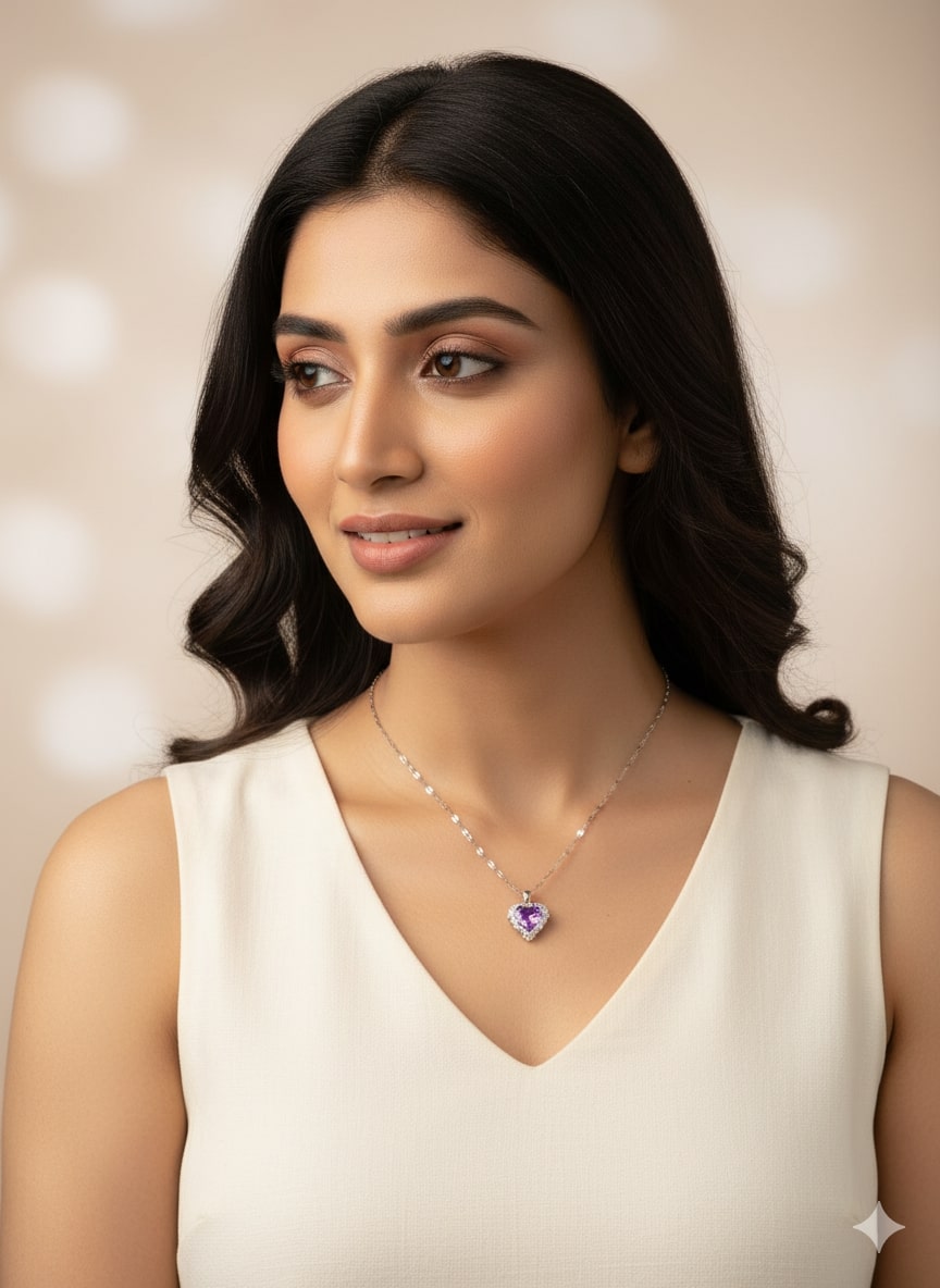 Purple Heart Silver Pendant Necklace